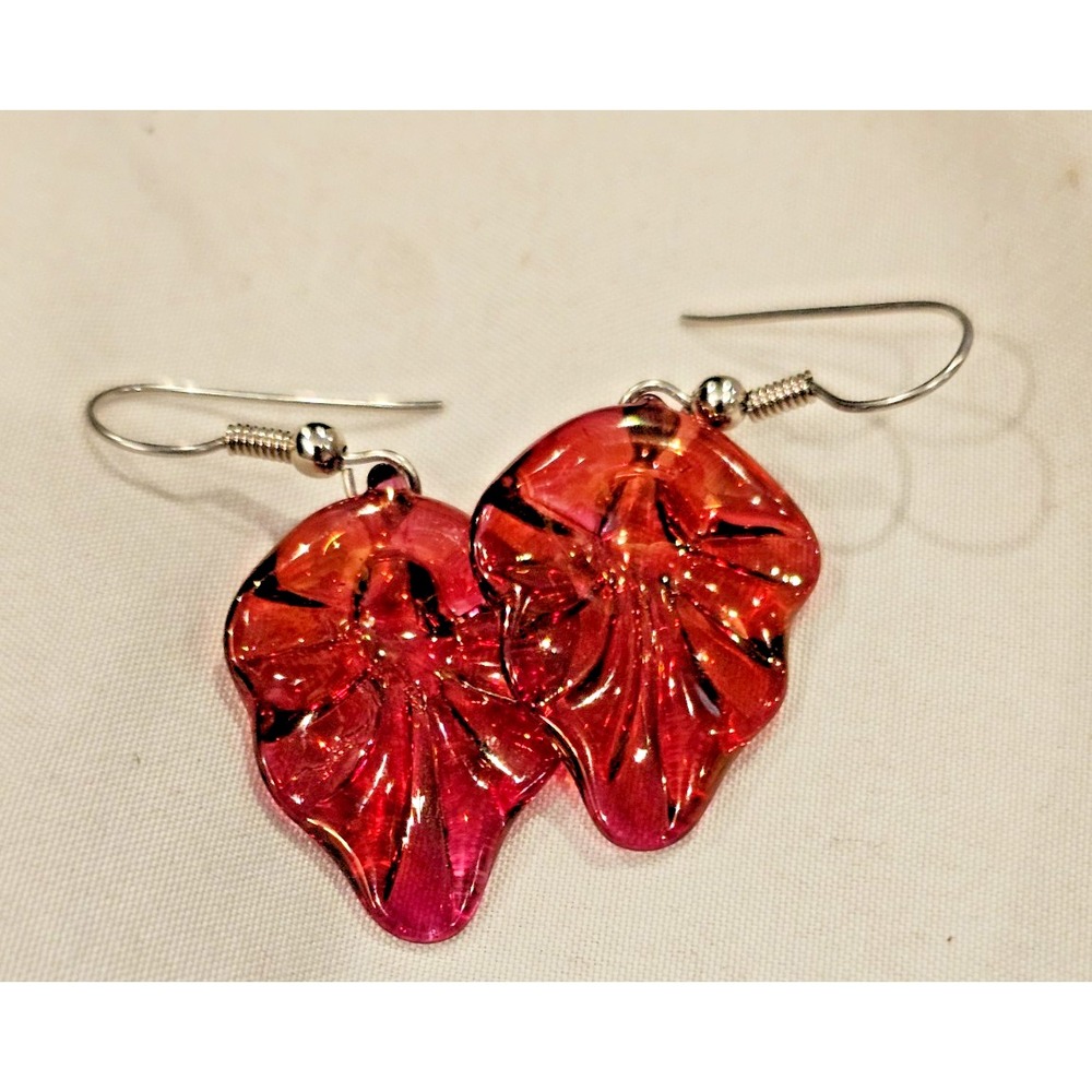 Vintage Red Glass Leaf Earrings Murano Style Handmade Dangle Drop Lobe EAR-0006